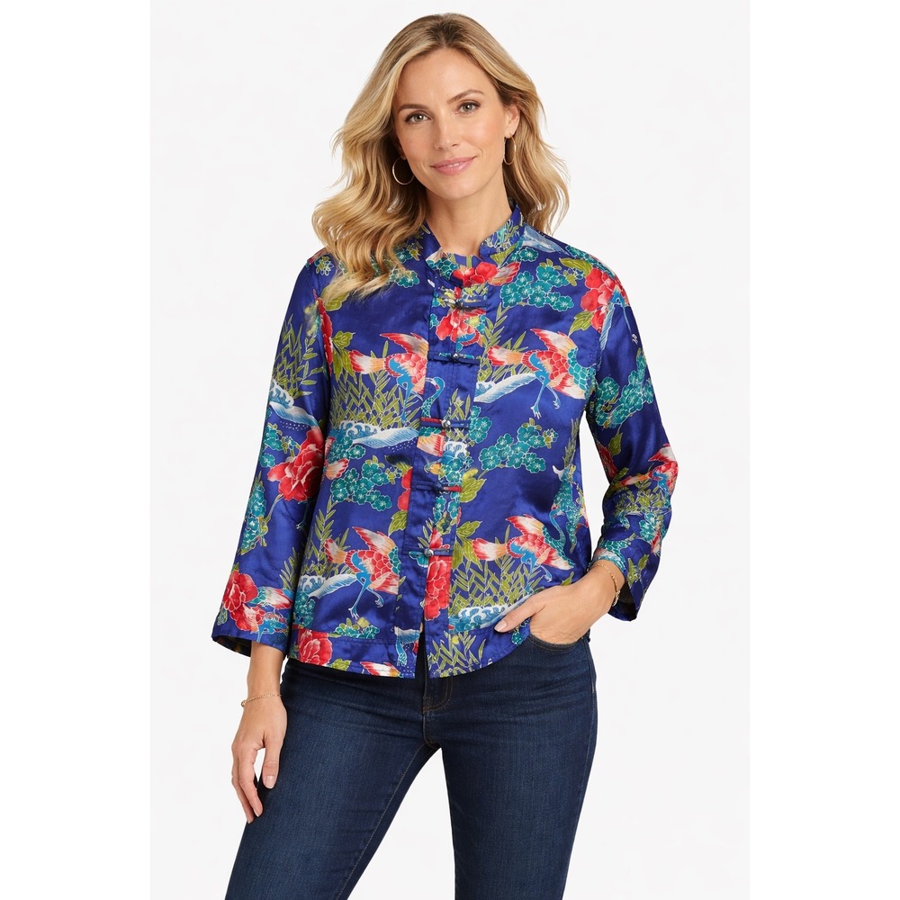 Chico's Design Silk Top Size 3/XL Blue Floral Crane Print Mandarin Collar Asian